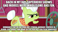 Size: 888x499 | Tagged: safe, edit, edited screencap, screencap, granny smith, earth pony, pony, g4, where the apple lies, back in my day, caption, image macro, misspelling, text