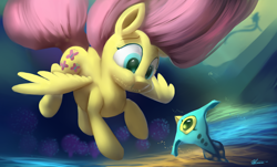 Size: 4300x2600 | Tagged: safe, artist:auroriia, fluttershy, fish, leviathan, peeper (subnautica), pegasus, pony, g4, bubble, coral, crepuscular rays, digital art, feather, female, flowing mane, flowing tail, green eyes, high res, holding breath, mare, ocean, pink mane, pink tail, reaper leviathan, signature, solo, spread wings, subnautica, sunlight, swimming, tail, underwater, water, watershy, wings