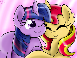 Size: 6700x5000 | Tagged: safe, artist:enviaart, sunset shimmer, twilight sparkle, alicorn, pony, unicorn, g4, absurd resolution, duo, duo female, eyes closed, female, horn, hug, lesbian, mare, one eye closed, ship:sunsetsparkle, shipping, smiling, twilight sparkle (alicorn), wings