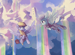 Size: 6000x4400 | Tagged: safe, artist:freeedon, derpy hooves, fleetfoot, pegasus, pony, g4, absurd resolution, bag, clothes, cloud, cloudsdale, duo, duo female, ear fluff, female, flying, jumpsuit, letter, looking at each other, looking at someone, mailbag, mailmare, mare, mouth hold, outdoors, rainbow waterfall, scenery, signature, sky, spread wings, warmup suit, wings