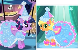 Size: 2489x1596 | Tagged: safe, applejack, twilight sparkle, alicorn, earth pony, pony, g4, bow, clothes, dress, ear piercing, flower, flower in hair, froufrou glittery lacy outfit, hat, hennin, jewelry, necklace, piercing, princess, princess applejack, puffy sleeves, twilight sparkle (alicorn)