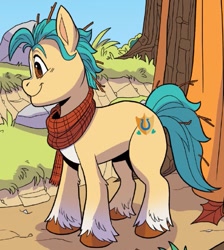 Size: 673x750 | Tagged: safe, artist:natalie haines, idw, hitch trailblazer, earth pony, pony, g5, idw endless summer—my little pony, spoiler:comic, spoiler:g5comic, clothes, coat markings, cropped, cute, handsome, hitchbetes, male, scarf, smiling, socks (coat markings), solo, stallion, unshorn fetlocks