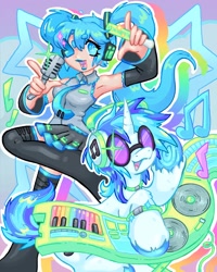 Size: 1638x2048 | Tagged: safe, artist:ibbledribble, dj pon-3, vinyl scratch, human, pony, unicorn, g4, anime, clothes, crossover, disc jockey, duo, female, glasses, hatsune miku, mare, microphone, music notes, skirt, vocaloid