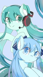 Size: 500x889 | Tagged: dead source, safe, artist:白羽夜咕咕叽, earth pony, pony, anime, bow, female, hair bow, hatsune miku, headset, mare, ponified, vocaloid