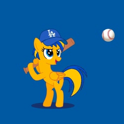 Size: 1500x1500 | Tagged: safe, artist:mlpfan3991, oc, oc only, oc:flare spark, pegasus, pony, g4, ball, baseball, baseball bat, baseball cap, bipedal, cap, female, female oc, hat, los angeles, los angeles dodgers, major league baseball, mare, mare oc, mlb, pegasus oc, pony oc, solo, sports, yellow coat