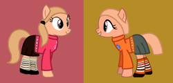 Size: 787x379 | Tagged: safe, artist:fantasygirls56, earth pony, pony, g4, best friends, brooklyn borgquist, clothes, dress, duo, duo female, female, foofa, friends, gold background, mare, naomi rossiter, pink background, ponified, ponytails, shoes, simple background, skirt, socks, striped socks, sweater, toodee, yo gabba gabba!