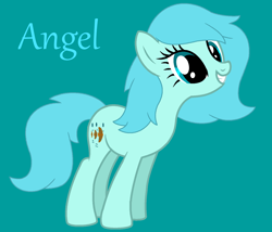 Size: 1566x1342 | Tagged: safe, artist:jigglewiggleinthepigglywiggle, angel (g1), earth pony, pony, g1, g4, base used, blue hair, blue mane, blue tail, blue text, cute, female, full body, g1 angelbetes, g1 to g4, generation leap, grin, mare, simple background, smiling, solo, straight hair, straight mane, straight tail, tail, teal background, teal eyes, text