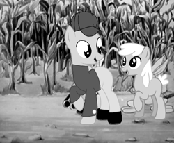 Size: 1134x934 | Tagged: safe, artist:fantasygirls56, earth pony, pig, pony, rabbit, g4, 30s, animal, base used, bugs bunny, clothes, corn, cornfield, eye contact, food, hat, hunter, looking at each other, looking at someone, looney tunes, male, ponified, porky pig, porky's hare hunt, prototype, shoes, stallion