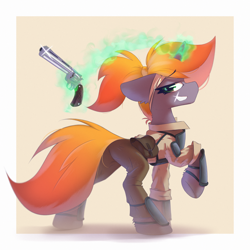 Size: 3000x3000 | Tagged: safe, artist:o0o-bittersweet-o0o, oc, oc:phlogiston, pony, unicorn, fallout equestria, armor, bag, clothes, formal wear, gun, handgun, high res, looking at you, magic, male, pants, ponytail, raider, revolver, shirt, simple background, smiling, smug, standing