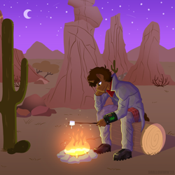 Size: 2048x2048 | Tagged: safe, artist:shallowwin, oc, oc only, unicorn, anthro, anthro oc, cactus, campfire, commission, desert, fire, high res, moon, night, s'mores, shooting star, solo, stars, technology, wasteland