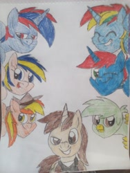 Size: 1536x2048 | Tagged: safe, artist:noi kincade, oc, oc:ej, oc:firey ratchet, oc:flare spark, oc:gregory griffin, oc:shield wing, oc:stephen (stephen-fisher), oc:train track, alicorn, griffon, pegasus, pony, unicorn, colored sketch, eyes closed, fedora, female, hat, looking at you, male, sketch, smiling, the fire lightning squad, traditional art