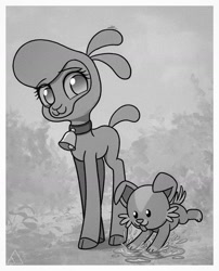 Size: 1280x1584 | Tagged: safe, artist:fchelon, pom (tfh), dog, lamb, sheep, them's fightin' herds, adorapom, cloven hooves, community related, cute, female, grayscale, monochrome, puddle, puppy, tfh moods