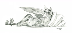 Size: 1700x787 | Tagged: safe, artist:baron engel, twilight sparkle, alicorn, pony, g4, belly, belly button, book, female, glowing, glowing horn, horn, lying down, magic, magic aura, mare, monochrome, on side, one wing out, pencil drawing, pillow, reading, simple background, slender, solo, telekinesis, that pony sure does love books, thin, traditional art, twilight sparkle (alicorn), white background, wings