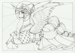 Size: 3500x2466 | Tagged: safe, artist:longinius, princess celestia, alicorn, pony, g4, abstract background, alternate hairstyle, blushing, braid, clothes, dress, gown, headdress, high res, horn, horn ring, medieval, monochrome, ring, tail, tail hole, traditional art, wing hole