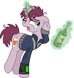 Size: 748x785 | Tagged: safe, artist:starryoak, oc, oc only, oc:littlepip's mother, pony, unicorn, fallout equestria, bottle, cider, clothes, drunk, eyeshadow, female, jumpsuit, magic, makeup, mare, pipbuck, raised hoof, simple background, solo, telekinesis, transparent background, vault suit