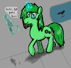 Size: 704x676 | Tagged: safe, artist:maxentheweasel, oc, oc:sparkling cogs, pony, unicorn, gun, handgun, levitation, magic, revolver, simple background, solo, telekinesis, tongue out, underwater, walking, water, weapon