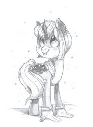 Size: 821x1113 | Tagged: safe, artist:buttersflutterscotch, pony, unicorn, clothes, female, gloves, mare, monochrome, simple background, snow, snowfall, solo, tongue out, white background