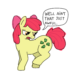 Size: 350x350 | Tagged: safe, artist:hach, apple bloom, earth pony, pony, g4, 4chan, alternate cutie mark, angry, apple bloom's bow, bow, cutie mark, furrowed brow, hair bow, looking back, open mouth, raised hoof, simple background, solo, speech bubble, upset, white background