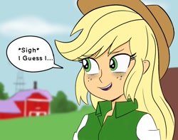 Size: 1700x1340 | Tagged: safe, artist:glim_gg, applejack, human, equestria girls, g4, female, looking away, red dead redemption, red dead redemption 2, smiling, speech bubble, talking to viewer