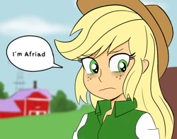 Size: 1700x1340 | Tagged: safe, artist:glim_gg, applejack, human, equestria girls, g4, female, red dead redemption, red dead redemption 2, scared, speech bubble, talking to viewer