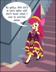 Size: 546x696 | Tagged: safe, artist:sapphiregamgee, apple bloom, human, equestria girls, g4, adorabloom, beautiful, clothes, cute, dress, gown, happy, hat, hennin, open mouth, pretty, princess, princess apple bloom, princess costume, solo, speech bubble, stairs, talking