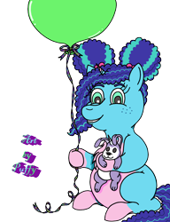 Size: 1940x2525 | Tagged: safe, artist:puffydearlysmith, misty brightdawn, bunnycorn, pony, rabbit, unicorn, g5, my little pony: make your mark, my little pony: make your mark chapter 5, spoiler:g5, afro puffs, balloon, cute, female, filly, filly misty brightdawn, foal, freckles, looking at you, mistybetes, plushie, simple background, smiling, smiling at you, transparent background, younger