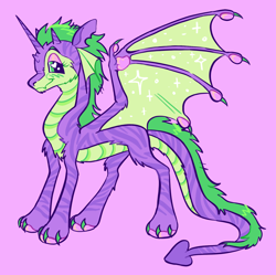 Size: 1886x1876 | Tagged: safe, artist:webkinzworldz, spike, dragon, g4, alternate design, blush scribble, cheek fluff, chest fluff, claws, colored claws, eyeshadow, fangs, heart, heart eyes, horn, leg fluff, lidded eyes, looking at you, makeup, multiple horns, pale belly, paws, pink background, quadrupedal, quadrupedal spike, redesign, shoulder fluff, simple background, smiling, solo, sparkly wings, striped horn, stripes, unicorn horn, wingding eyes, wings