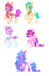 Size: 1328x2048 | Tagged: safe, artist:peaceandlove26, hitch trailblazer, izzy moonbow, pipp petals, sunny starscout, zipp storm, earth pony, pegasus, pony, unicorn, g5, alternate color palette, alternate design, concave belly, group, mane five, markings, physique difference, quintet, redesign, simple background, slender, thin, white background