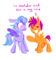 Size: 1928x2048 | Tagged: safe, artist:webkinzworldz, scootaloo, wind sprint, pegasus, pony, g4, angry, dialogue, dreamworks face, duo, ears back, foal, implied cleardash, niece, pointing, simple background, smiling, speech, spread wings, talking, talking to viewer, text, unamused, white background, wind sprint is not amused, wings