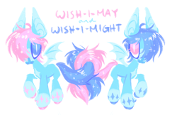 Size: 2048x1327 | Tagged: safe, artist:webkinzworldz, oc, oc only, oc:wish-i-may, oc:wish-i-might, bat pony, deer, deer pony, hybrid, original species, pony, reindeer, g4, blue eyes, coat markings, colored hooves, colored wings, duo, duo male and female, female, interspecies offspring, looking at you, looking up, looking up at you, magical lesbian spawn, male, offspring, parent:bori the reindeer, parent:princess luna, parents:boriluna, pink eyes, prehensile tail, raised hoof, redesign, siblings, simple background, socks (coat markings), sparkly mane, sparkly tail, spread wings, standing, tail, tail hold, twins, white background, wings