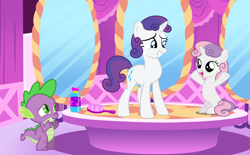 Size: 1280x795 | Tagged: safe, artist:lizzmcclin, rarity, spike, sweetie belle, dragon, pony, unicorn, g4, alternate hairstyle, alternate tailstyle, brush, carousel boutique, cute, diasweetes, female, filly, foal, hairbrush, male, mare, mirror, tail