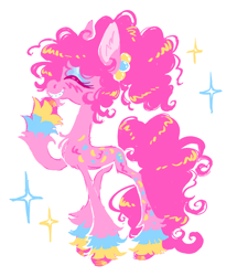 Size: 1678x1948 | Tagged: safe, artist:webkinzworldz, pinkie pie, earth pony, piñata pony, pony, g4, alternate design, alternate hairstyle, beard, blush scribble, braces, chest fluff, colored hooves, concave belly, ear fluff, eyes closed, eyeshadow, facial hair, female, grin, hoof polish, makeup, mare, piñata, ponytail, raised hoof, simple background, slender, smiling, solo, sparkles, standing, thin, unshorn fetlocks, white background