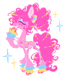 Size: 1678x1948 | Tagged: safe, artist:peaceandlove26, pinkie pie, earth pony, piñata pony, pony, g4, alternate design, alternate hairstyle, beard, blush scribble, braces, chest fluff, colored hooves, concave belly, ear fluff, eyes closed, eyeshadow, facial hair, female, grin, hoof polish, makeup, mare, piñata, ponytail, raised hoof, simple background, slender, smiling, solo, sparkles, standing, thin, unshorn fetlocks, white background