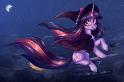 Size: 5760x3800 | Tagged: safe, artist:jsunlight, twilight sparkle, bat, pony, unicorn, g4, broom, crescent moon, female, flying, flying broomstick, hat, looking at you, mare, moon, open mouth, open smile, signature, smiling, smiling at you, solo, unicorn twilight, windswept mane, witch hat