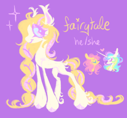 Size: 1944x1814 | Tagged: safe, artist:peaceandlove26, fluttershy, princess celestia, oc, oc:fairytale (webkinzworldz), earth pony, pony, g4, braid, braided tail, butt fluff, colored hooves, ear fluff, ear tufts, eyeshadow, heart, hoof polish, lidded eyes, long legs, long mane, long tail, looking at you, magical lesbian spawn, makeup, offspring, parent:fluttershy, parent:princess celestia, parents:flutterlestia, pronouns, purple background, purple eyes, shoulder fluff, simple background, smiling, solo focus, sparkly hooves, sparkly mane, sparkly tail, stylized, tail, thin