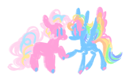 Size: 1860x1184 | Tagged: safe, artist:webkinzworldz, pinkie pie, rainbow dash, earth pony, pegasus, pony, g4, alternate color palette, blue eyes, colored hooves, colored wings, duo, female, holding hooves, lesbian, mare, multicolored wings, physique difference, pink eyes, rainbow wings, ship:pinkiedash, shipping, simple, simple background, spread wings, white background, wings