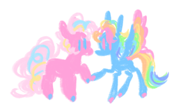 Size: 1860x1184 | Tagged: safe, artist:peaceandlove26, pinkie pie, rainbow dash, earth pony, pegasus, pony, g4, alternate color palette, blue eyes, colored hooves, colored wings, duo, female, holding hooves, lesbian, mare, multicolored wings, physique difference, pink eyes, rainbow wings, ship:pinkiedash, shipping, simple, simple background, spread wings, white background, wings