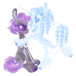 Size: 1820x1816 | Tagged: safe, artist:webkinzworldz, maud pie, rarity, earth pony, pony, unicorn, g4, alternate color palette, alternate design, alternate hair color, alternate hairstyle, brown eyes, closed mouth, coat markings, colored hooves, cyan eyes, dappled, duo, female, leg fluff, leonine tail, lesbian, lidded eyes, looking at each other, looking at someone, ship:rarimaud, shipping, simple background, sitting, smiling, sparkly, tail, unshorn fetlocks, white background