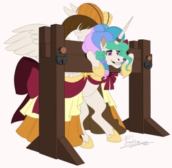 Size: 2247x2192 | Tagged: safe, artist:penciltree, princess celestia, alicorn, pony, g4, bondage, grin, high res, horn, horn ring, magic suppression, nervous, nervous smile, ring, simple background, smiling, solo, stocks, white background
