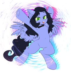 Size: 1846x1905 | Tagged: safe, artist:thieftea, oc, oc only, oc:skiu, pegasus, pony, abstract background, armpits, belly button, bipedal, chest fluff, green eyes, happy, looking at you, open mouth, open smile, smiling, smiling at you, solo, spread wings, wings