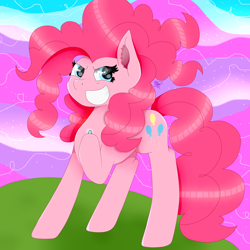 Size: 2000x2000 | Tagged: safe, artist:kathepart, pinkie pie, earth pony, pony, g4, blue eyes, chaos pinkie, colored ear fluff, crystal, ear fluff, ears up, female, gritted teeth, high res, hoof hold, lidded eyes, mare, pink coat, pink mane, raised hoof, smiling, solo, standing, teeth, three quarter view
