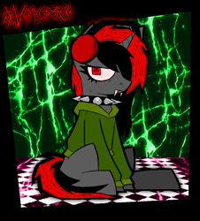 Size: 1856x2052 | Tagged: safe, artist:xxv4mp_g4z3rxx, oc, oc only, pony, unicorn, clothes, collar, commission, fangs, headphones, hoodie, red eyes, sitting, solo, spiked collar, tail, two toned mane, two toned tail