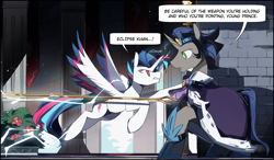 Size: 2553x1493 | Tagged: safe, artist:fan_silversol, king sombra, oc, oc:lucent starscape, alicorn, pony, unicorn, g4, alicorn oc, cape, clothes, dialogue, good king sombra, horn, lightning, looking at each other, looking at someone, male, raised hoof, staff, stallion, teleportation, wings