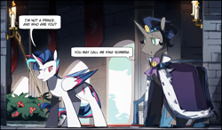 Size: 2553x1493 | Tagged: safe, artist:fan_silversol, king sombra, oc, oc:lucent starscape, alicorn, pony, unicorn, g4, alicorn oc, dialogue, good king sombra, horn, looking at each other, looking at someone, male, staff, stallion, wings