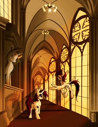 Size: 1663x2150 | Tagged: safe, artist:brainr0tter, oc, oc only, pegasus, pony, unicorn, cathedral, crepuscular rays, statue, window