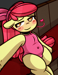 Size: 1258x1624 | Tagged: safe, artist:faerienougat, apple bloom, earth pony, pony, g4, bedroom eyes, belly button, blank flank, blushing, clothes, female, filly, foal, heart, heart eyes, looking at you, one-piece swimsuit, pink swimsuit, sitting, smiling, smiling at you, solo, swimsuit, wingding eyes