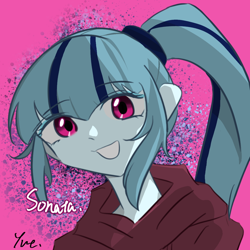 Size: 1080x1080 | Tagged: safe, artist:yue., sonata dusk, human, equestria girls, g4, female, looking at you, purple background, simple background, smiling, smiling at you, solo