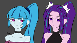 Size: 1920x1080 | Tagged: safe, artist:yue., aria blaze, sonata dusk, human, equestria girls, g4, choker, duo, duo female, female, gray background, lesbian, looking at someone, ship:arisona, shipping, simple background