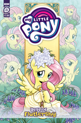 Size: 2063x3131 | Tagged: safe, artist:brenda hickey, idw, official comic, fluttershy, human, pegasus, pony, seapony (g4), series:best of my little pony, g4, official, comic cover, dorsal fin, female, filly, filly fluttershy, fin, fin wings, fins, fish tail, floral head wreath, flower, flowing mane, flowing tail, foal, high res, my little pony logo, rainbow power, rainbow power-ified, seaponified, seapony fluttershy, species swap, tail, wings, younger