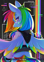 Size: 2480x3508 | Tagged: safe, artist:wavecipher, rainbow dash, pegasus, pony, semi-anthro, g4, abstract background, arm hooves, bandage, bipedal, caption, clothes, high res, liquid rainbow, looking at you, looking back, looking back at you, looking over shoulder, rainbow, solo, spread wings, text, wings